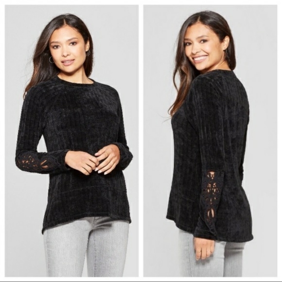 Knox Rose Womens M Black Chenille Crochet Sweater
